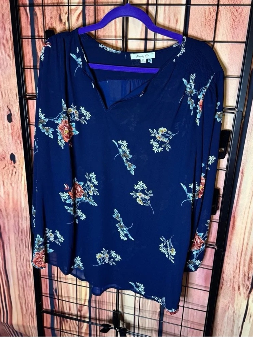 Auden Navy Floral V-Neck Long Sleeve Blouse